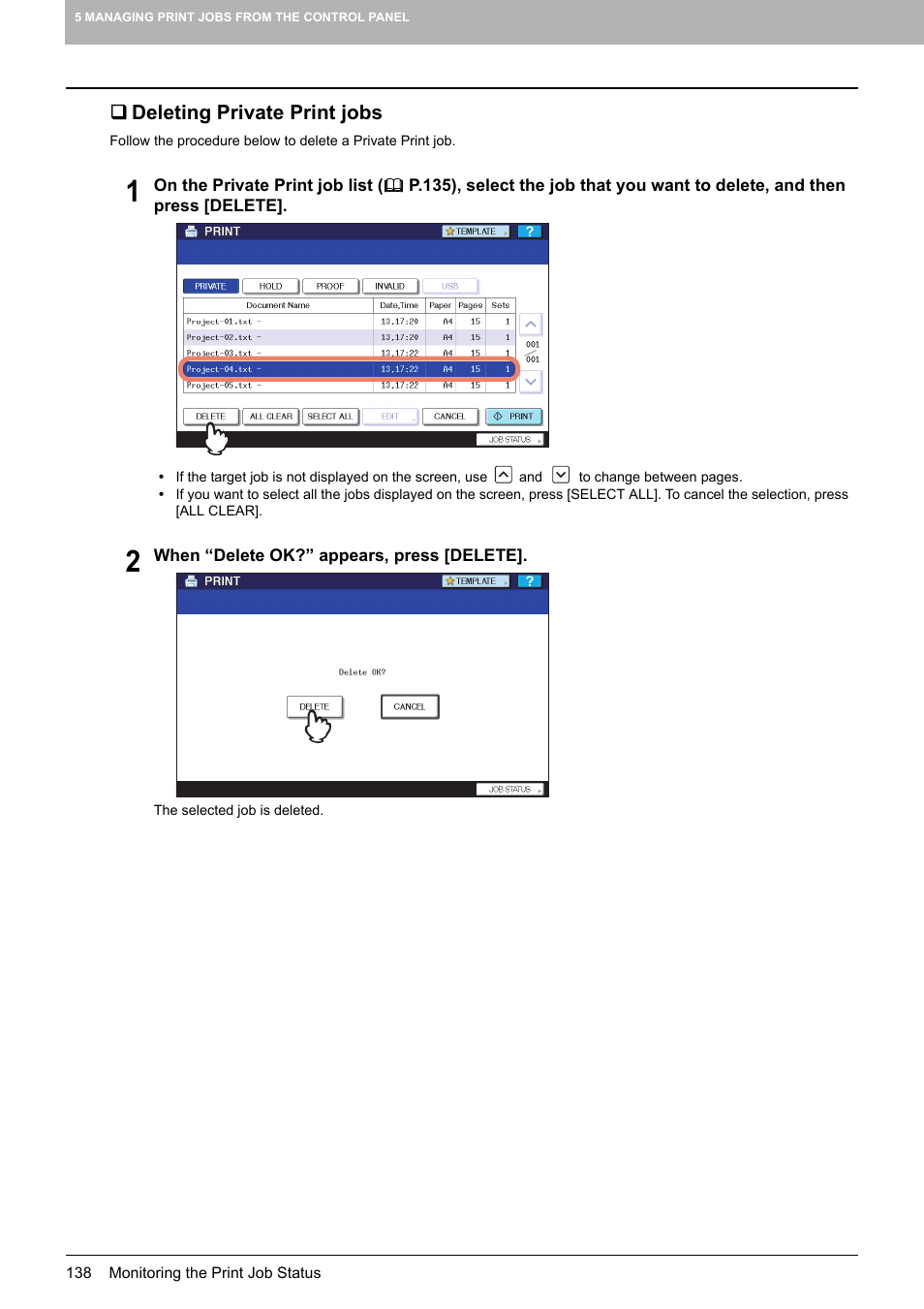 Deleting private print jobs | Toshiba 255 User Manual | Page 140 / 168