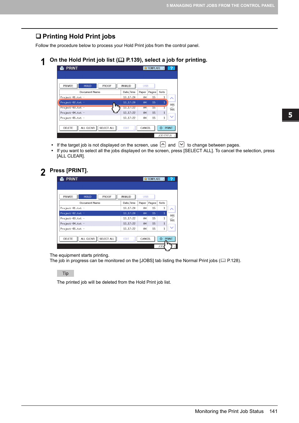 Printing hold print jobs | Toshiba 255 User Manual | Page 143 / 168