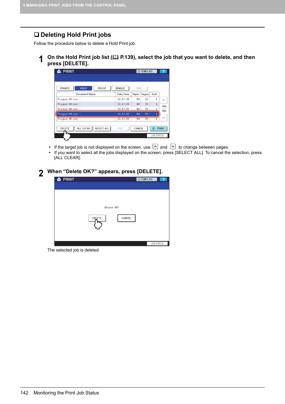 Deleting hold print jobs | Toshiba 255 User Manual | Page 144 / 168