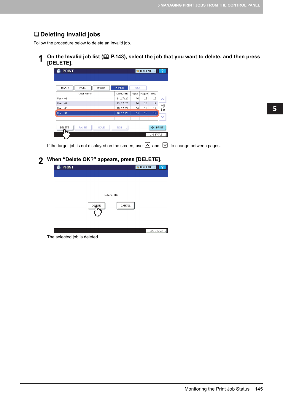 Deleting invalid jobs | Toshiba 255 User Manual | Page 147 / 168