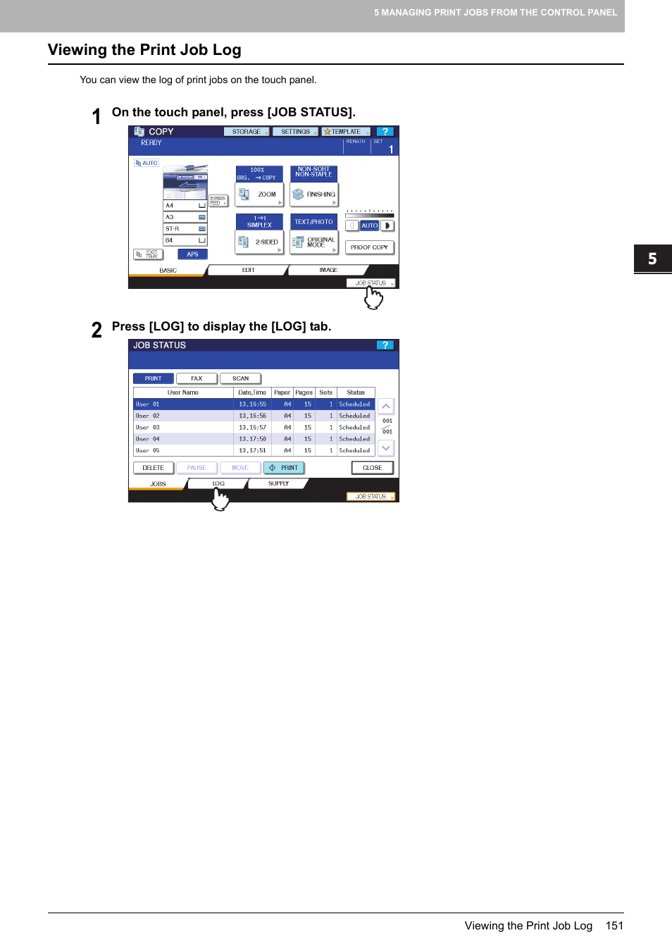 Viewing the print job log | Toshiba 255 User Manual | Page 153 / 168