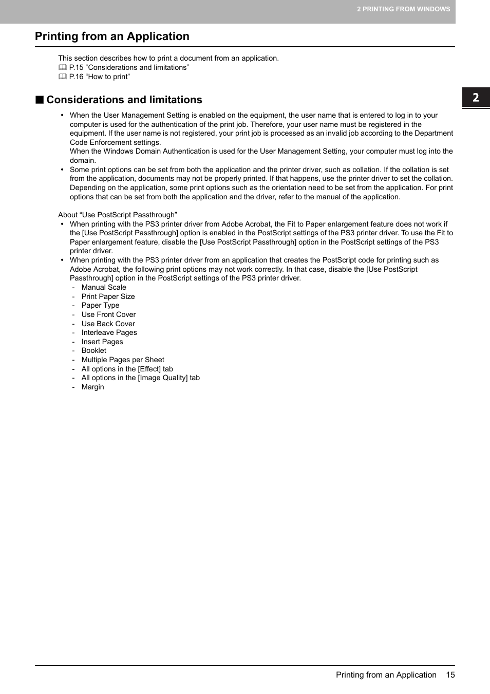 Printing from an application, Considerations and limitations | Toshiba 255 User Manual | Page 17 / 168