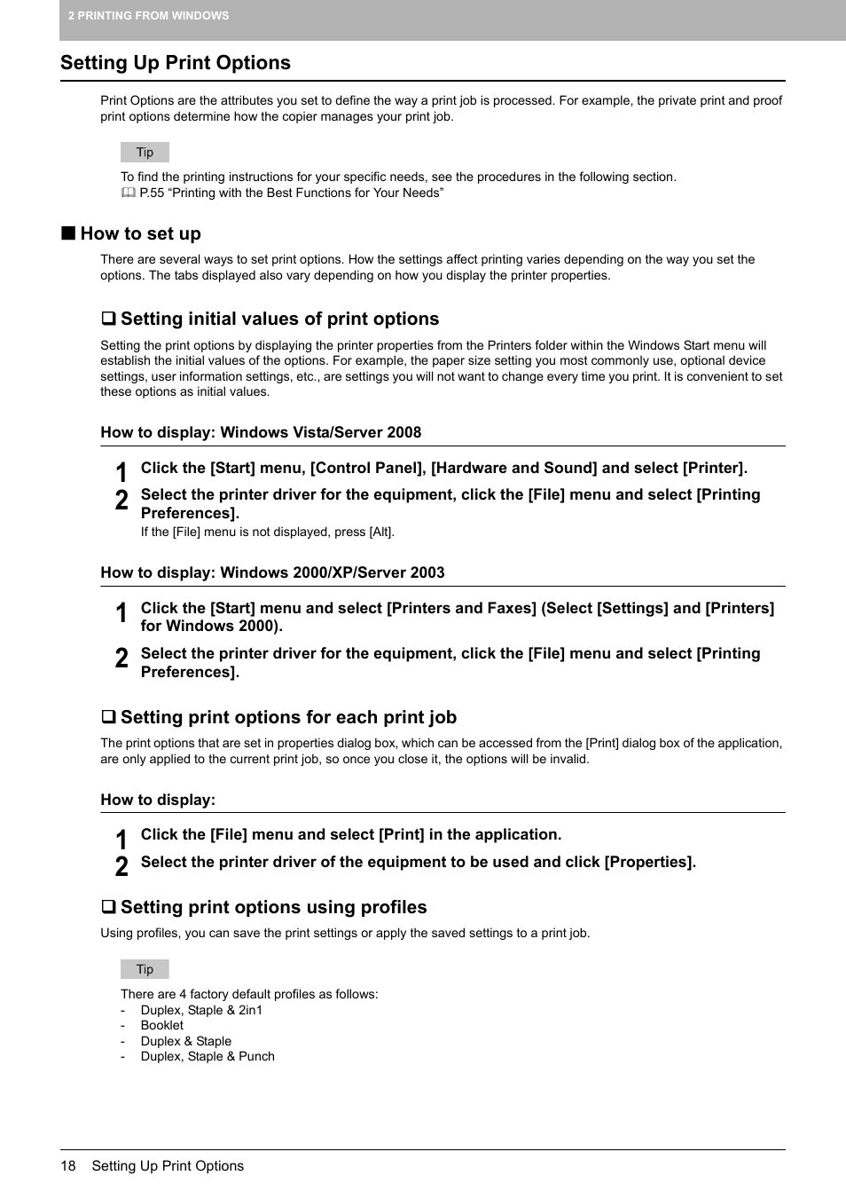 Setting up print options, How to set up, Setting initial values of print options | Setting print options for each print job, Setting print options using profiles, P.18 “setting print options using profiles | Toshiba 255 User Manual | Page 20 / 168