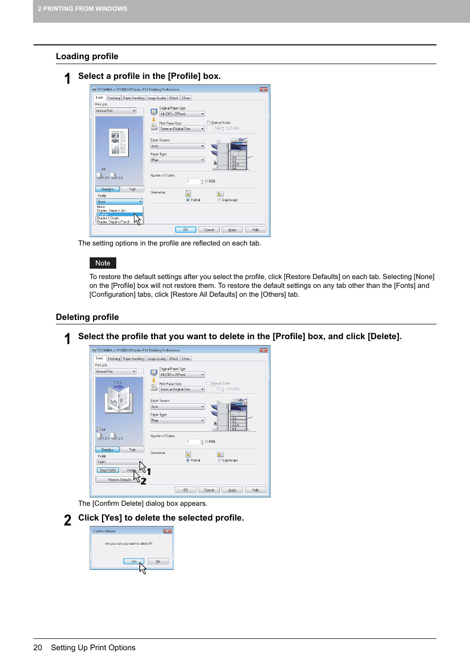 P.20 “loading profile, P.20 “deleting profile | Toshiba 255 User Manual | Page 22 / 168