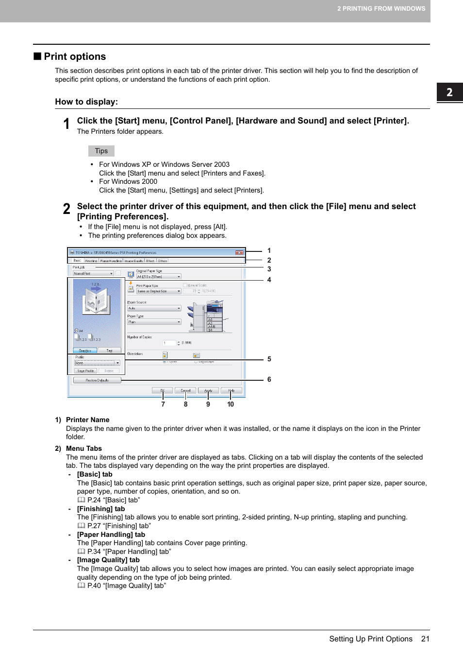 Print options, P.21 “print options | Toshiba 255 User Manual | Page 23 / 168