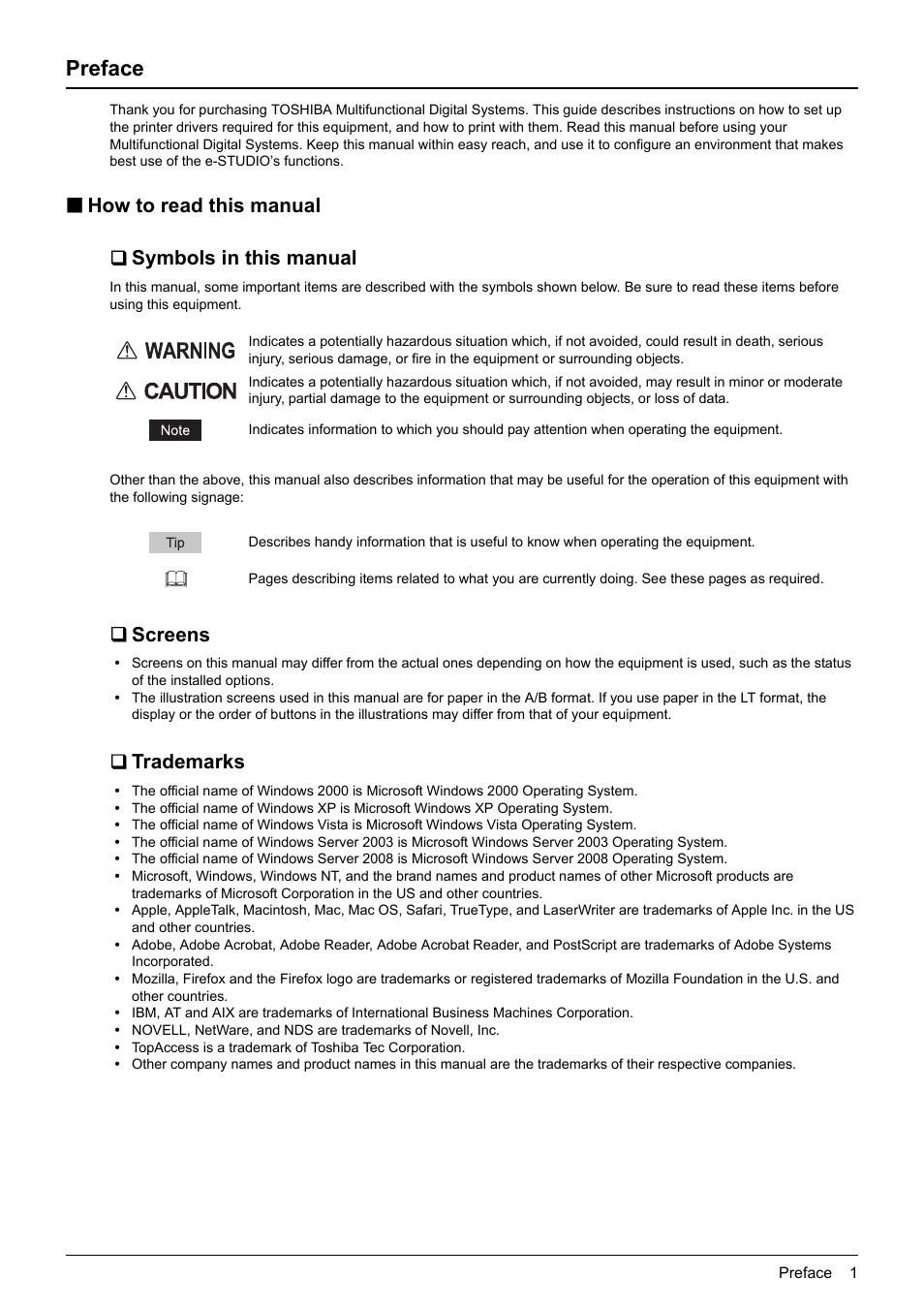 Preface, How to read this manual, Symbols in this manual | Screens, Trademarks, How to read this manual  symbols in this manual | Toshiba 255 User Manual | Page 3 / 168