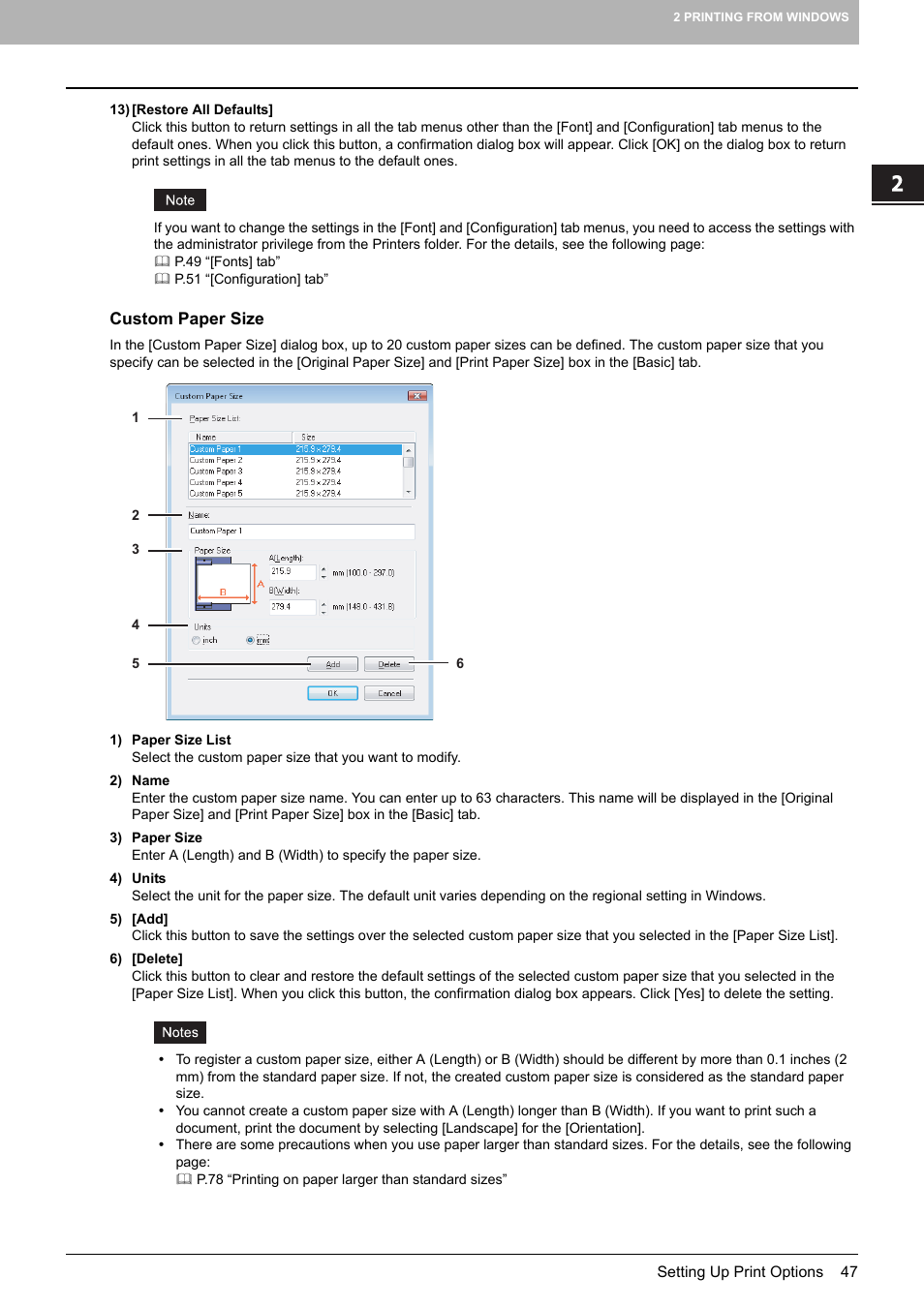 Custom paper size, P.47 “custom paper size | Toshiba 255 User Manual | Page 49 / 168