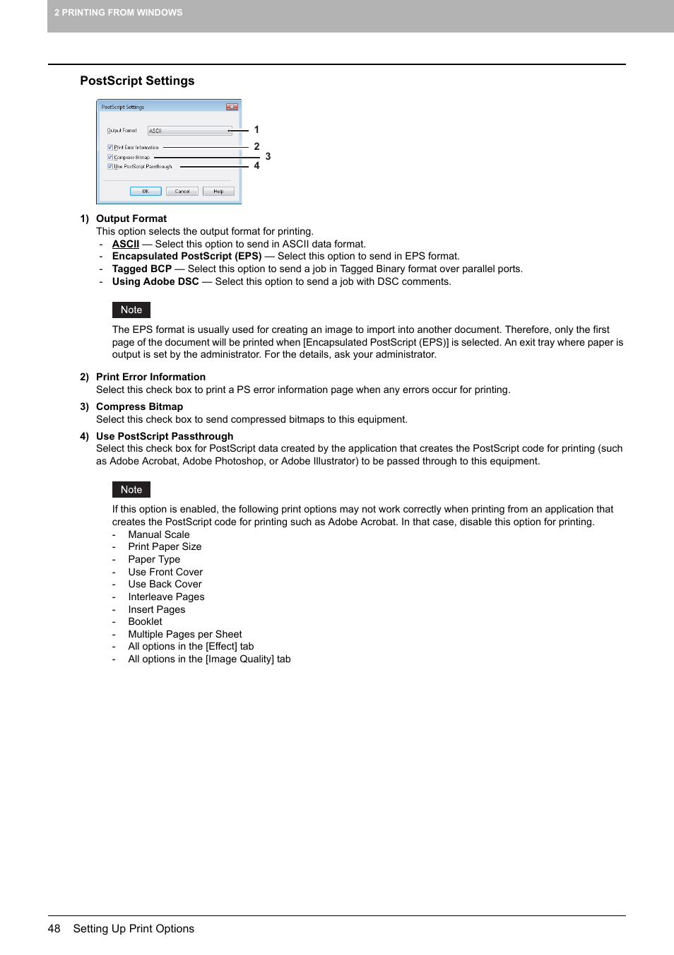 Postscript settings, P.48 “postscript settings | Toshiba 255 User Manual | Page 50 / 168