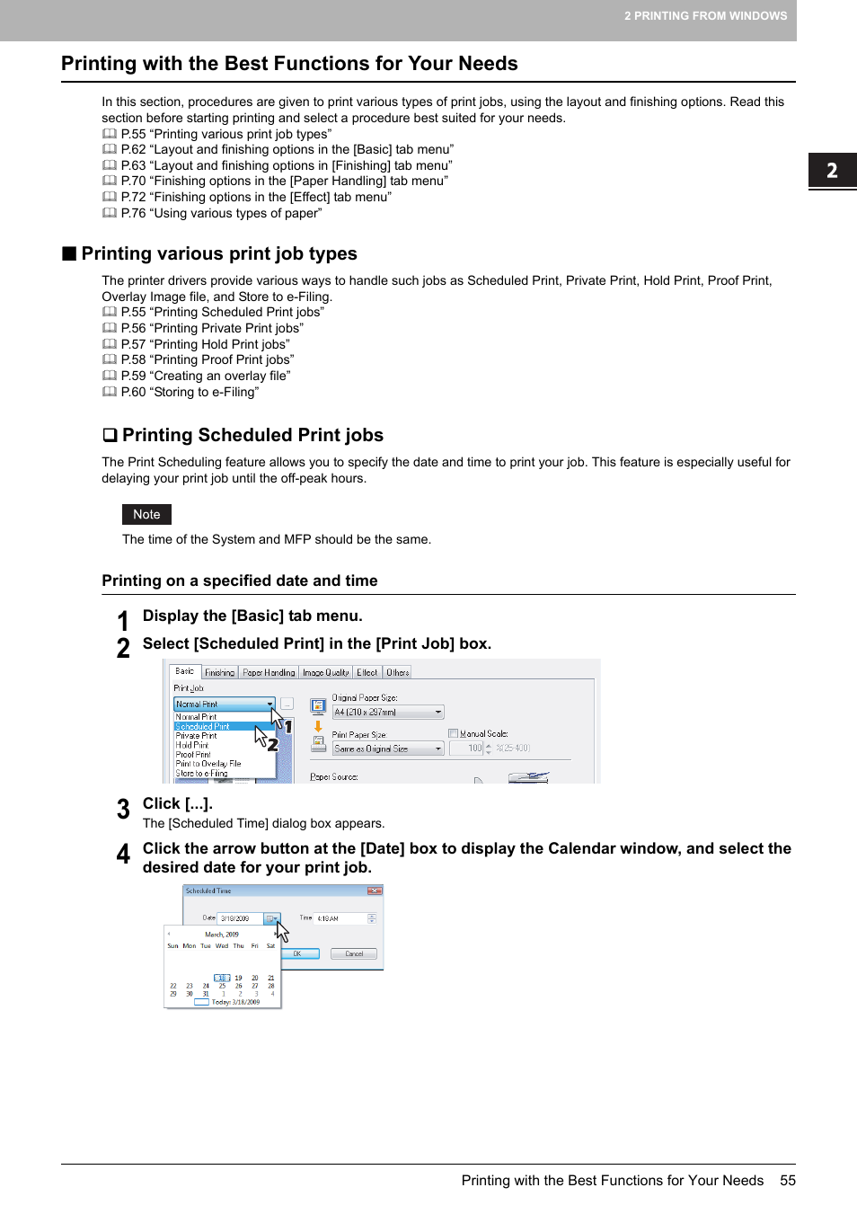 Printing with the best functions for your needs, Printing various print job types, Printing scheduled print jobs | P.55 “printing various print job types | Toshiba 255 User Manual | Page 57 / 168