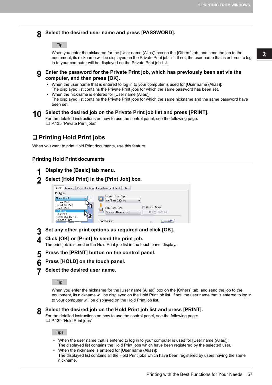 Printing hold print jobs, P.57 “printing hold print jobs | Toshiba 255 User Manual | Page 59 / 168