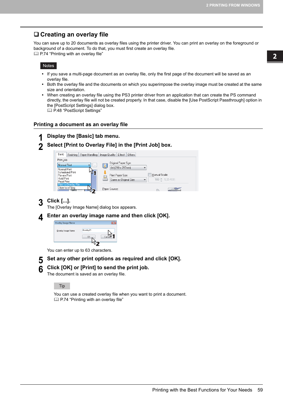 Creating an overlay file, P.59 “printing a document as an overlay file, P.59 “creating an overlay file | Toshiba 255 User Manual | Page 61 / 168