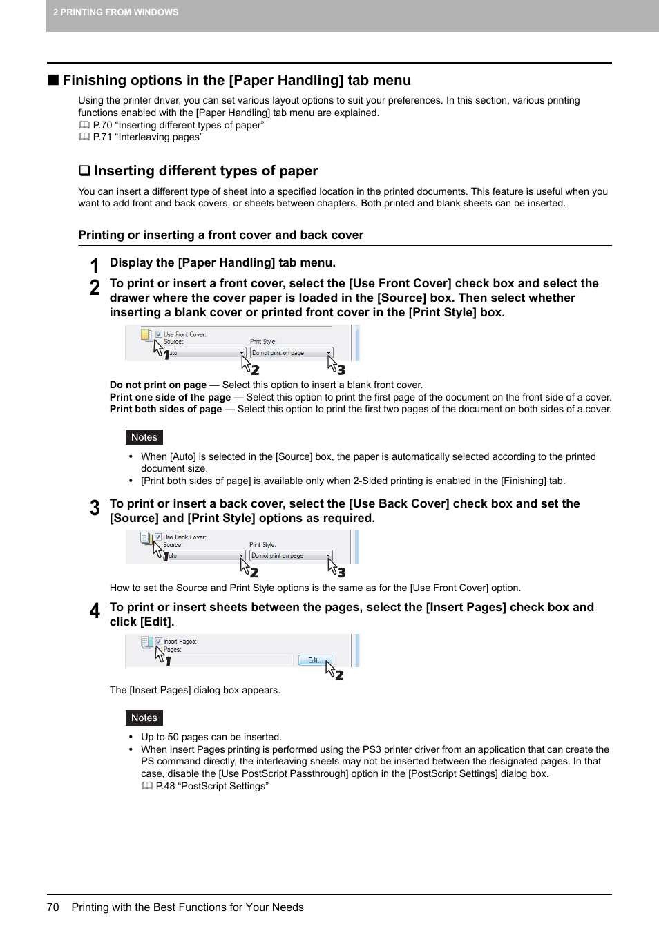 Finishing options in the [paper handling] tab menu, Inserting different types of paper, P.70 “inserting different types of paper | Toshiba 255 User Manual | Page 72 / 168