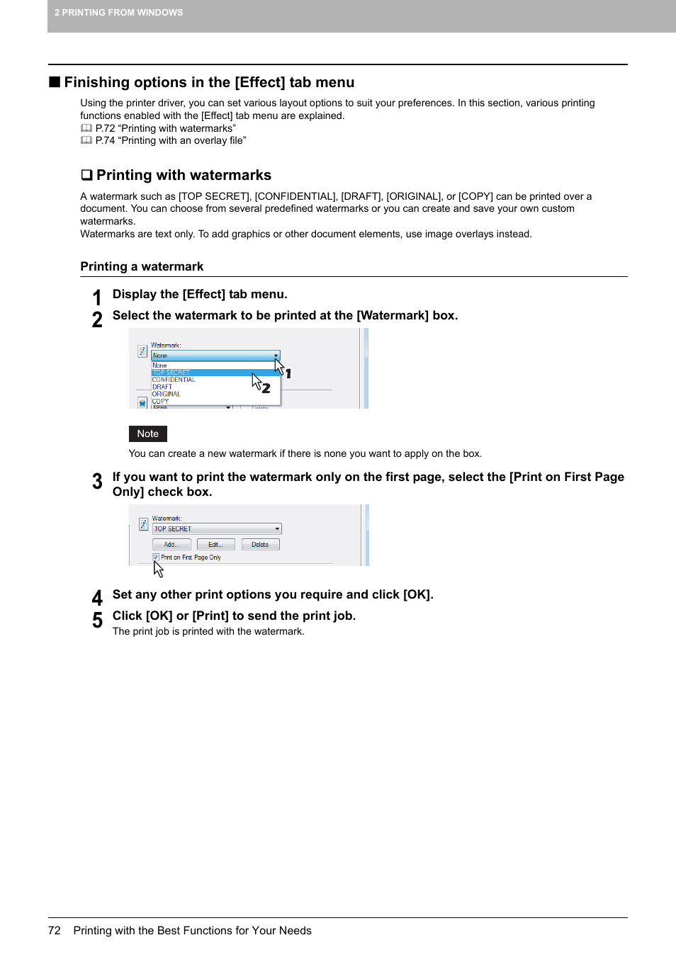 Finishing options in the [effect] tab menu, Printing with watermarks, P.72 “finishing options in the [effect] tab menu | Toshiba 255 User Manual | Page 74 / 168