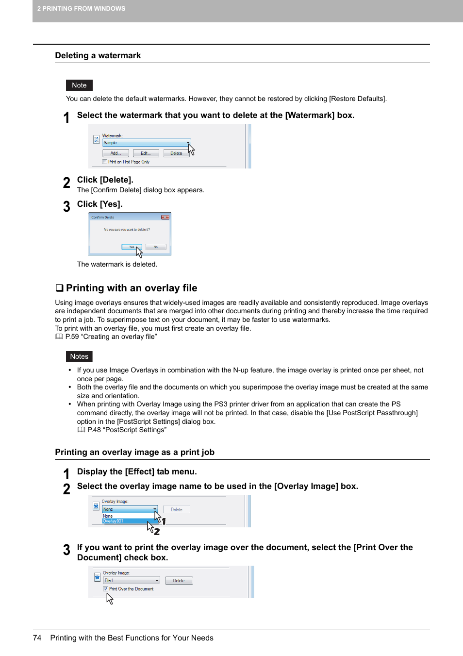 Printing with an overlay file, P.74 “deleting a watermark, P.74 “printing with an overlay file | Toshiba 255 User Manual | Page 76 / 168