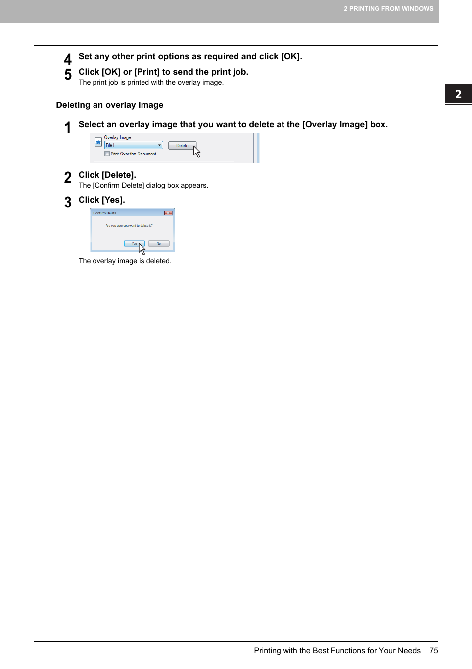 P.75 “deleting an overlay image | Toshiba 255 User Manual | Page 77 / 168