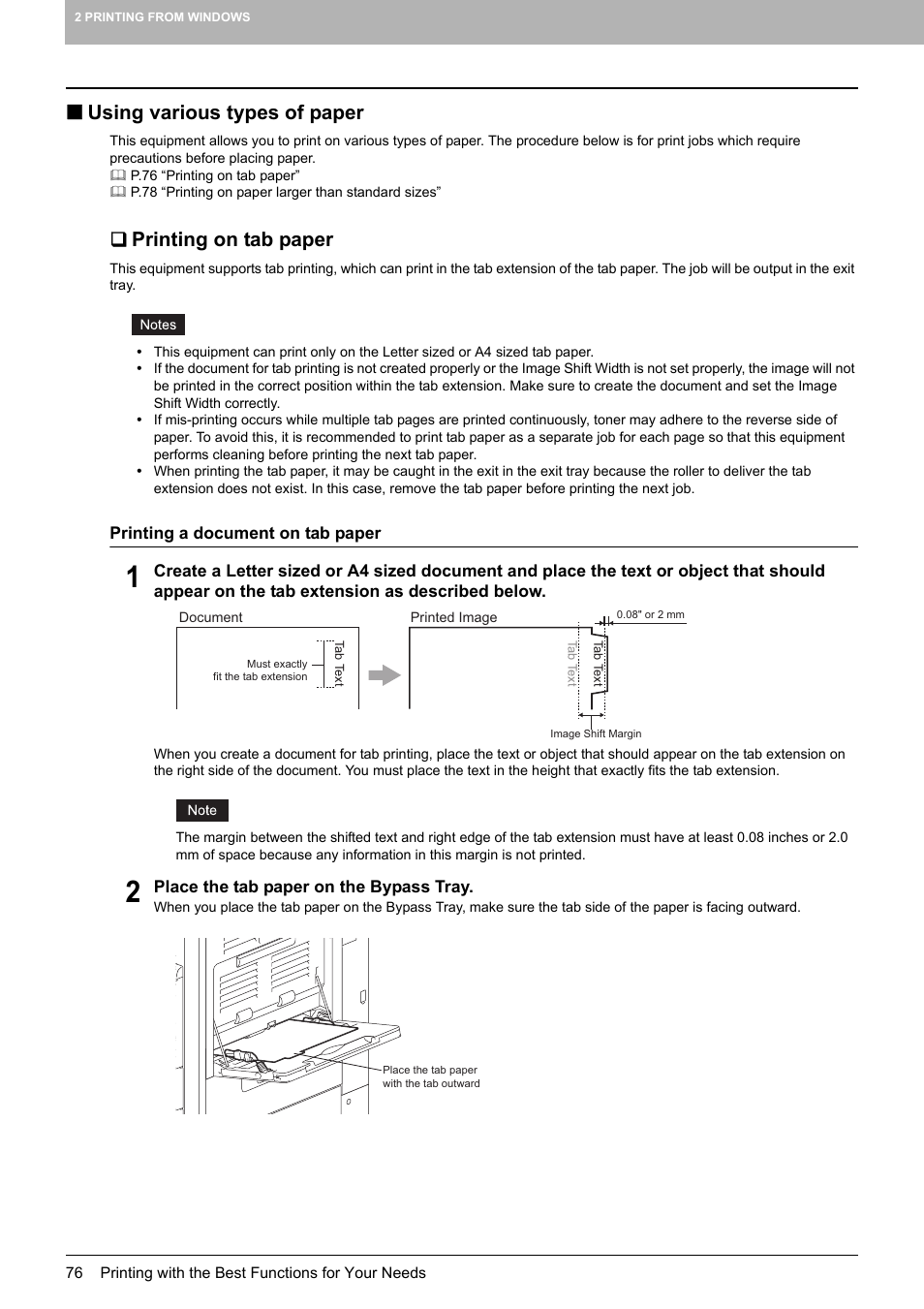 Using various types of paper, Printing on tab paper, P.76 “using various types of paper | Toshiba 255 User Manual | Page 78 / 168