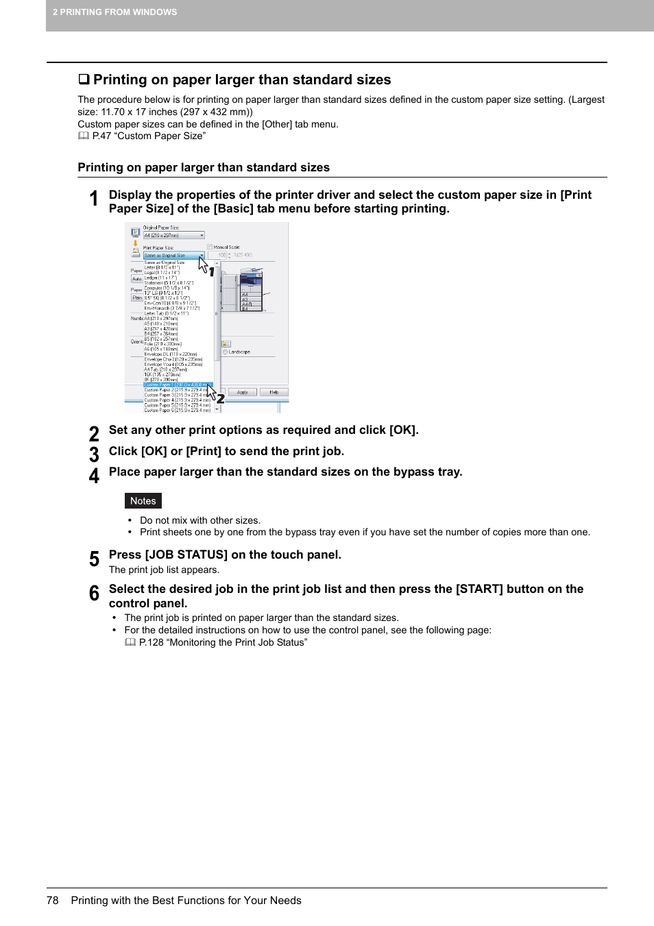 Printing on paper larger than standard sizes, P.78 “printing on paper larger than standard sizes | Toshiba 255 User Manual | Page 80 / 168