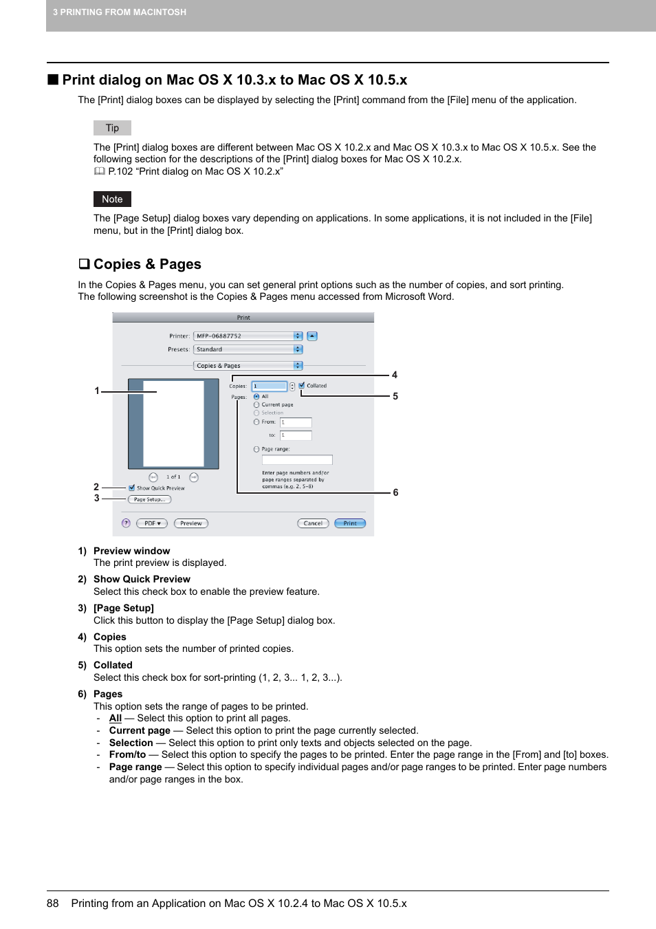 Print dialog on mac os x 10.3.x to mac os x 10.5.x, Copies & pages | Toshiba 255 User Manual | Page 90 / 168