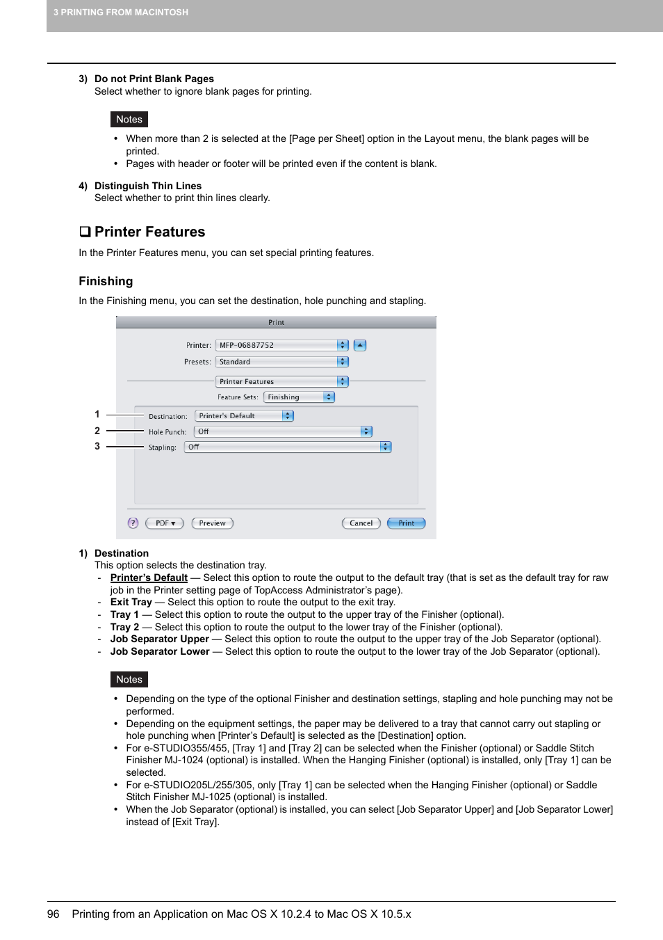 Printer features, Finishing | Toshiba 255 User Manual | Page 98 / 168