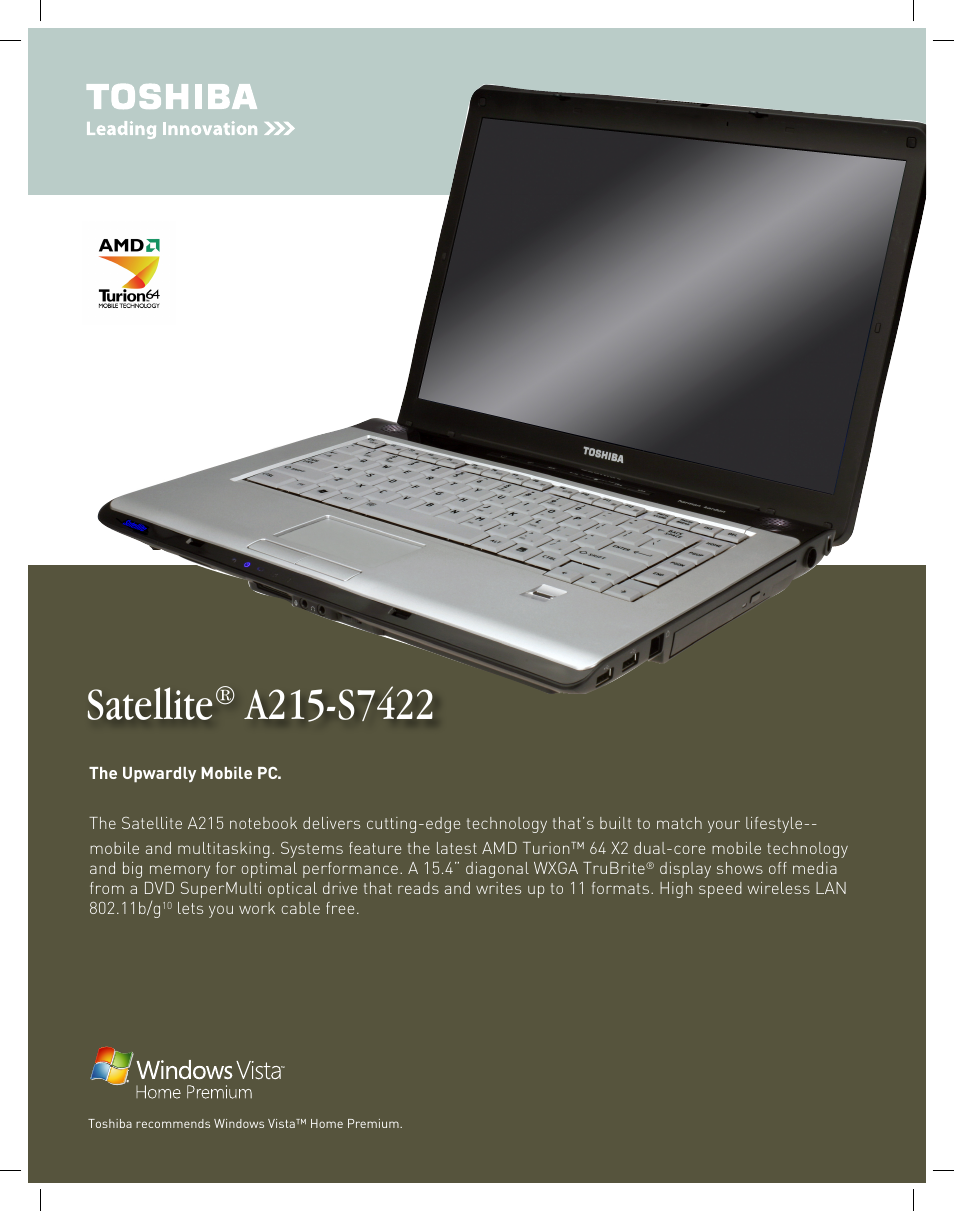 Toshiba A215-S7422 User Manual | 2 pages