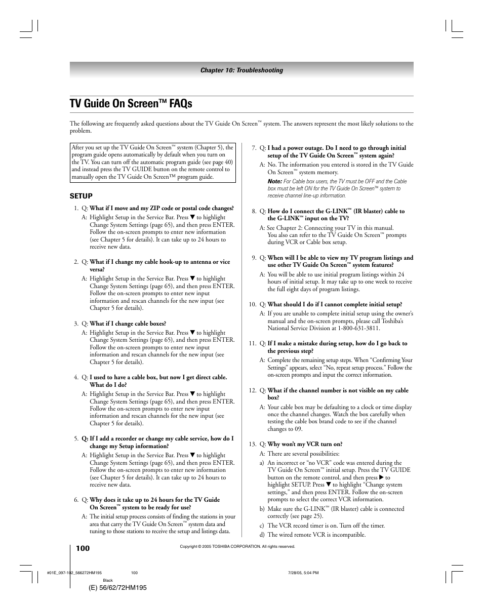 Tv guide on screen™ faqs | Toshiba 72HM195 User Manual | Page 100 / 112