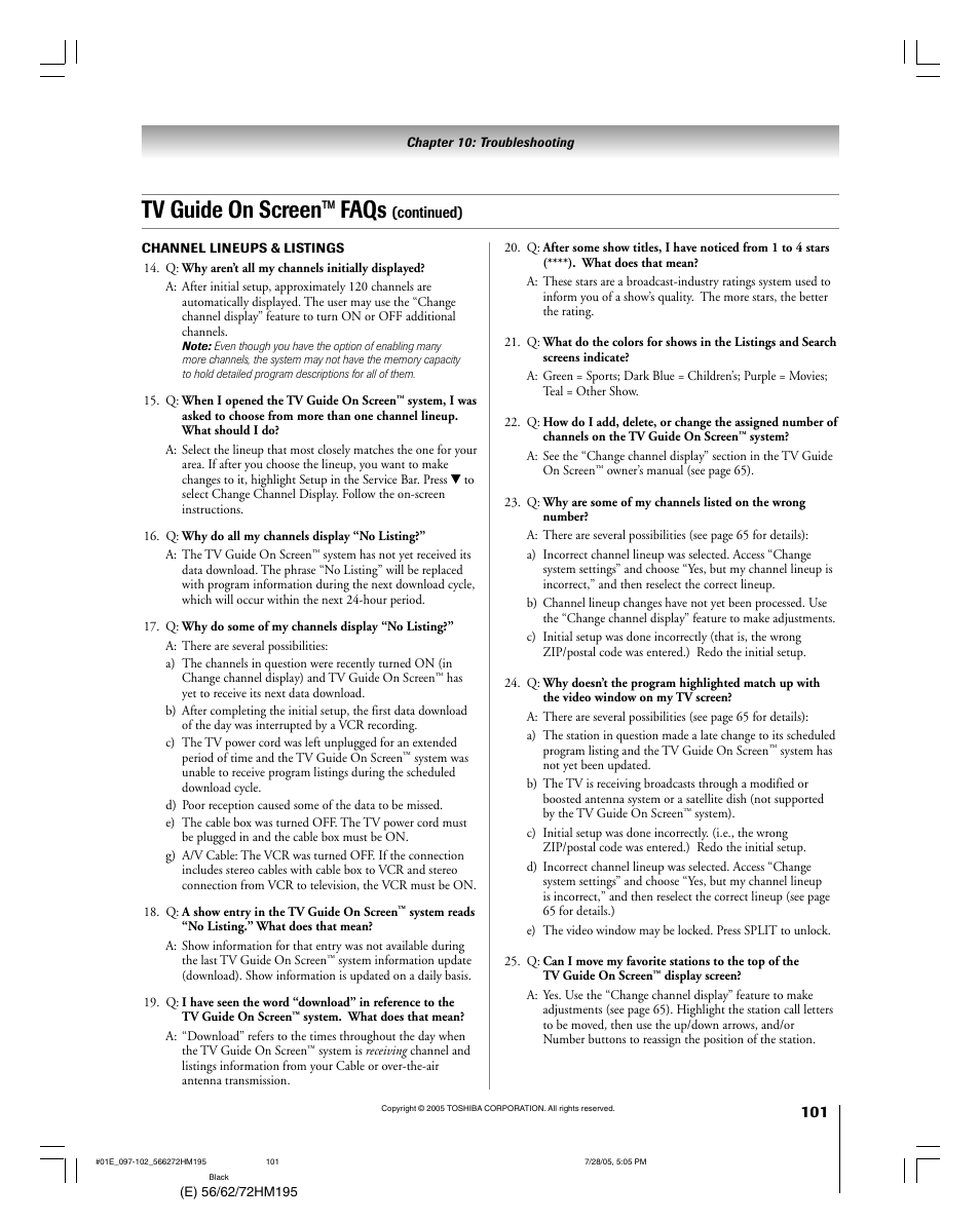 Tv guide on screen™ faqs | Toshiba 72HM195 User Manual | Page 101 / 112