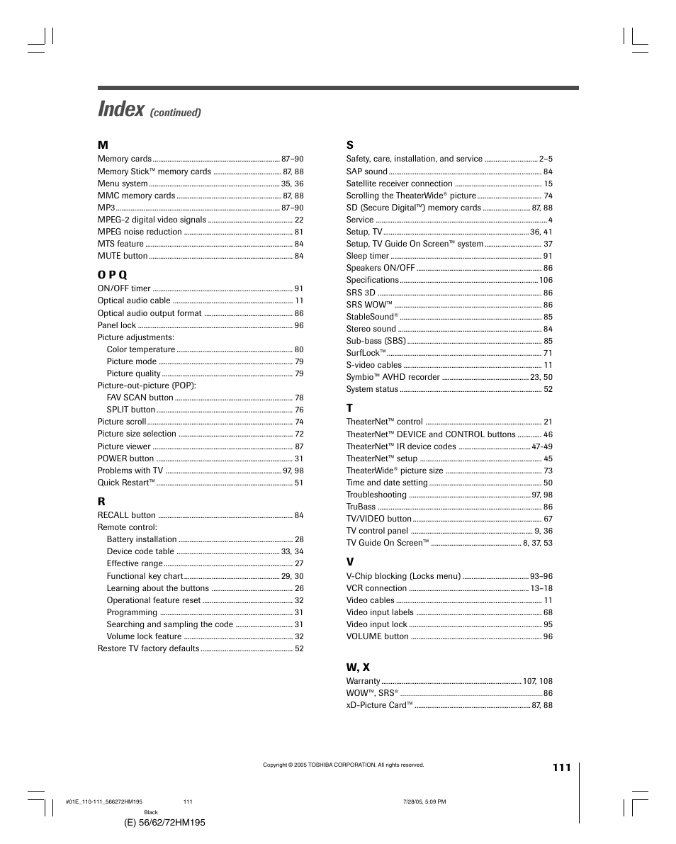 Index | Toshiba 72HM195 User Manual | Page 111 / 112