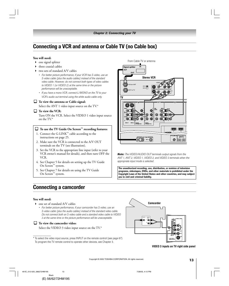 Connecting a camcorder | Toshiba 72HM195 User Manual | Page 13 / 112