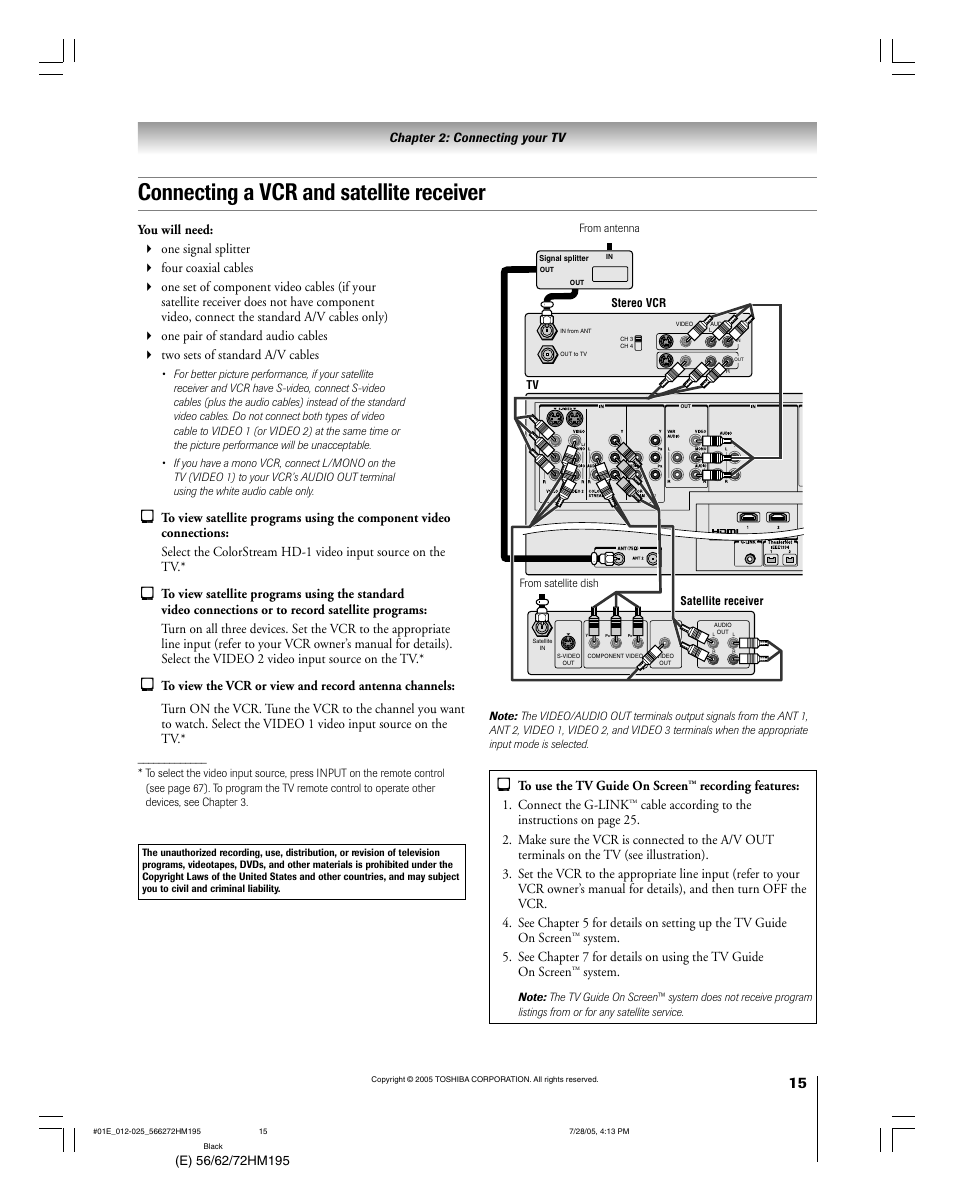 Connecting a vcr and satellite receiver, Chapter 2: connecting your tv, Recording features: 1. connect the g-link | System | Toshiba 72HM195 User Manual | Page 15 / 112