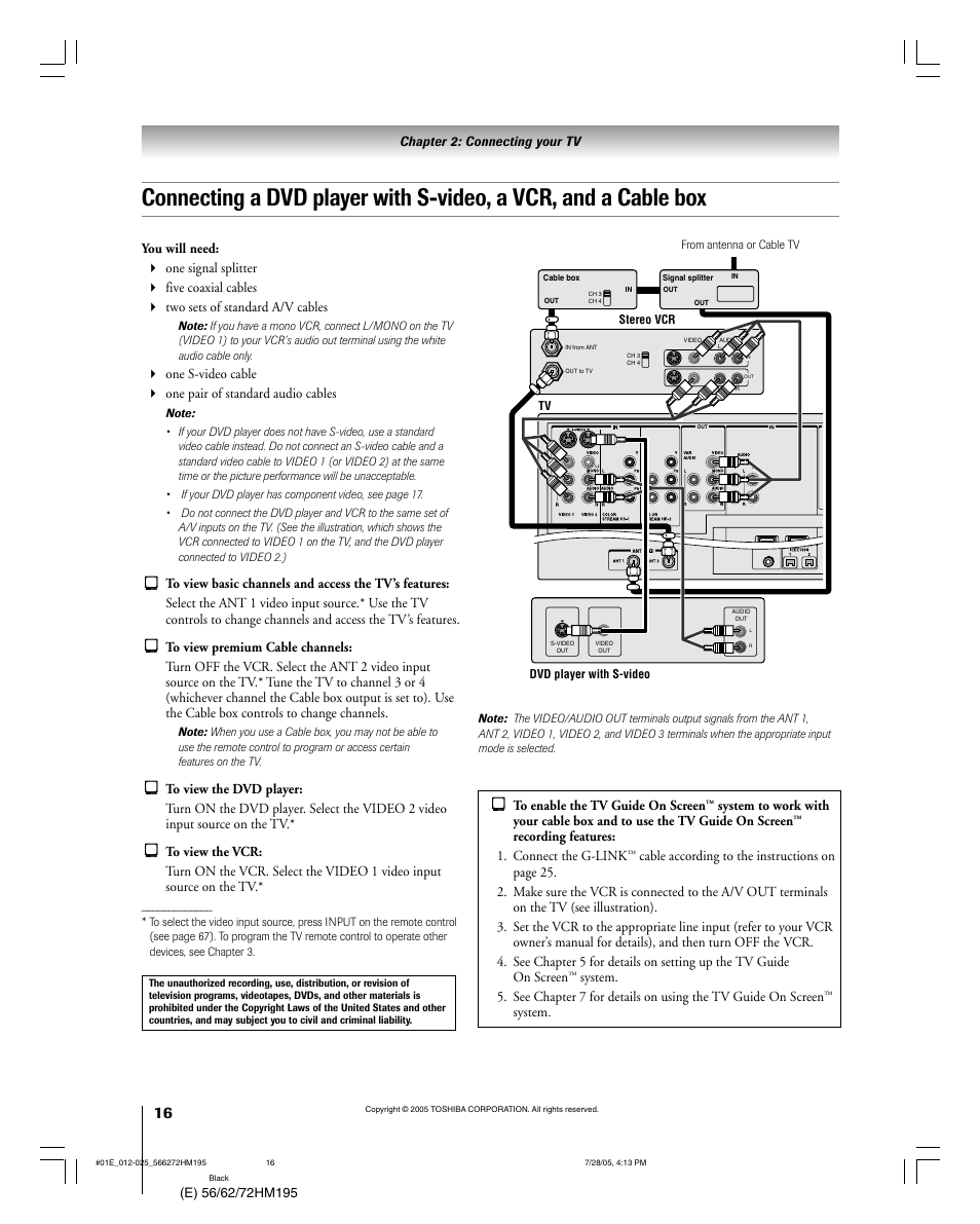 Chapter 2: connecting your tv, Recording features: 1. connect the g-link, System | Toshiba 72HM195 User Manual | Page 16 / 112