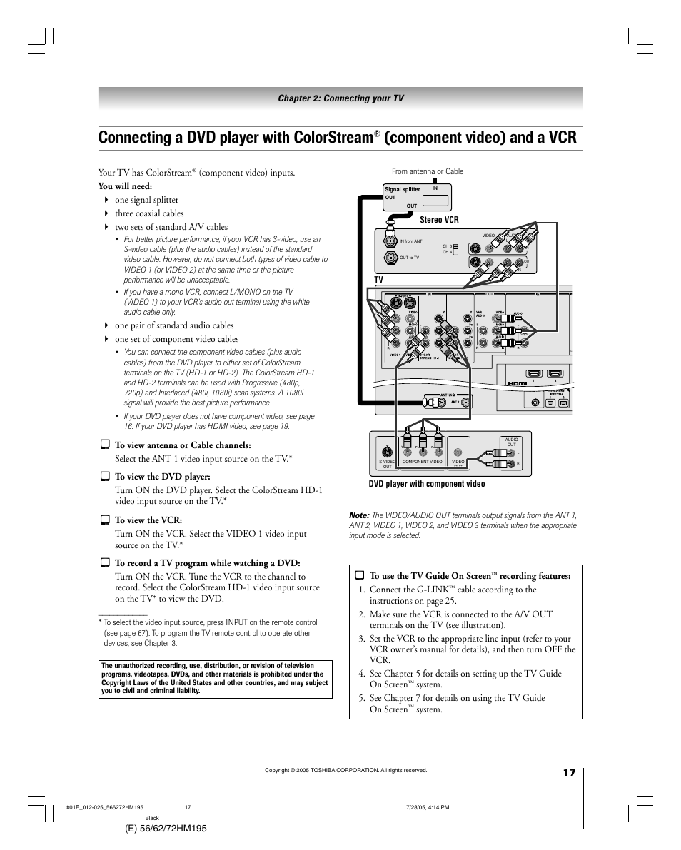 Connecting a dvd player with colorstream, Component video) and a vcr, Chapter 2: connecting your tv | Your tv has colorstream, Recording features: 1. connect the g-link, System | Toshiba 72HM195 User Manual | Page 17 / 112