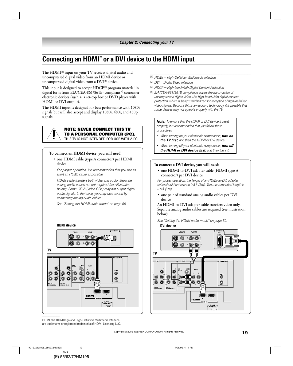 Connecting an hdmi, Or a dvi device to the hdmi input | Toshiba 72HM195 User Manual | Page 19 / 112