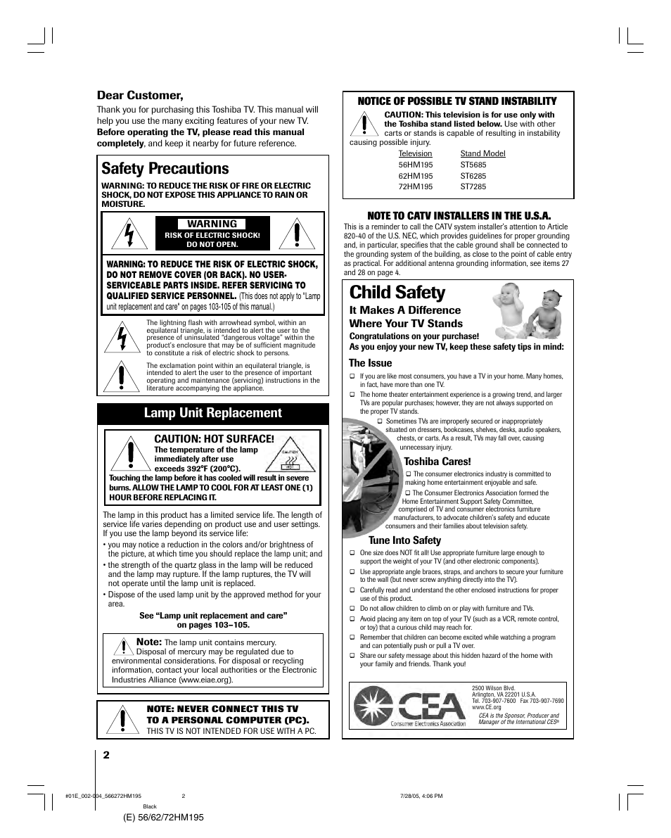 Child safety, Safety precautions, Lamp unit replacement | Dear customer | Toshiba 72HM195 User Manual | Page 2 / 112