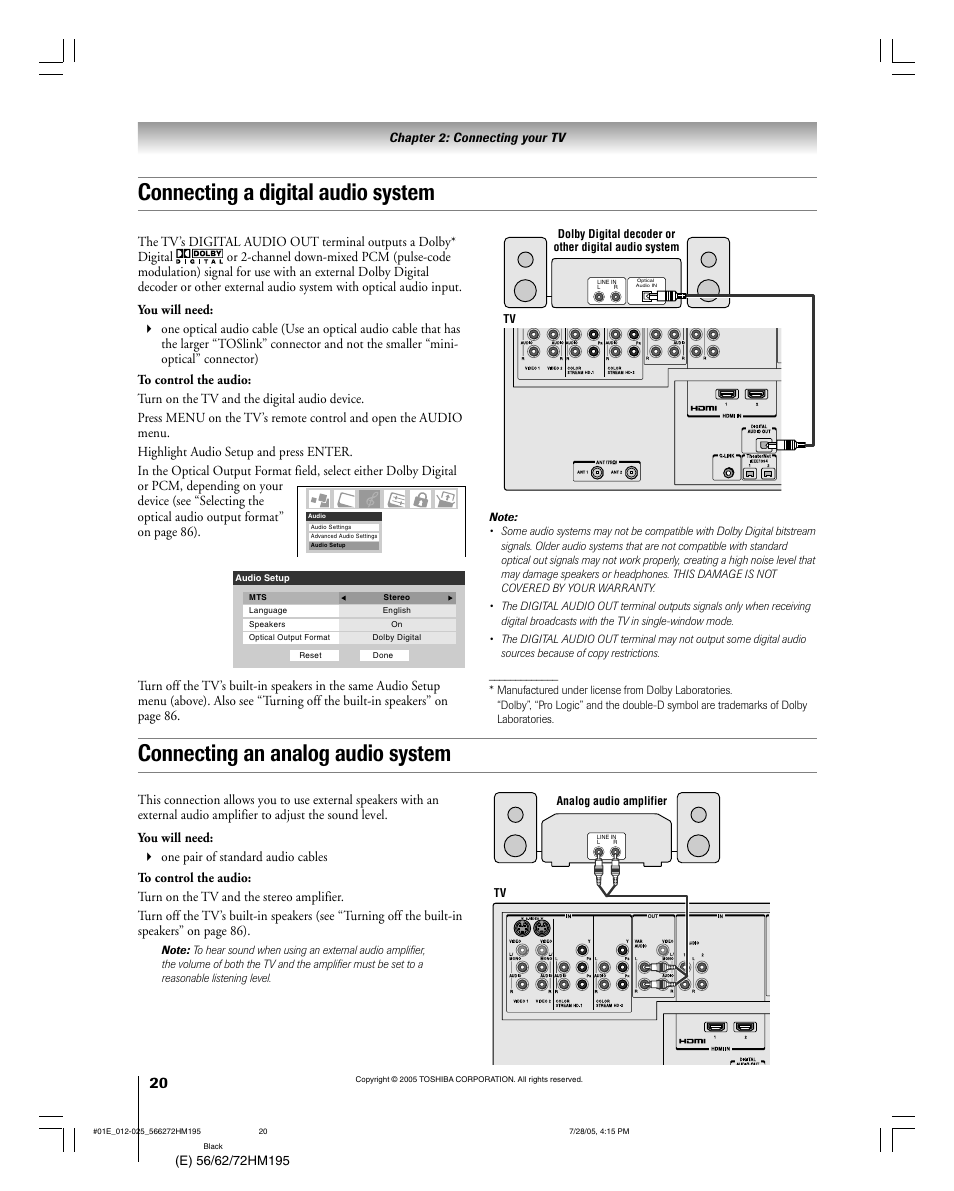 Connecting a digital audio system, Connecting an analog audio system | Toshiba 72HM195 User Manual | Page 20 / 112