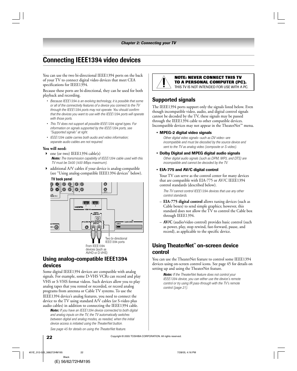 Connecting ieee1394 video devices, Using analog-compatible ieee1394 devices, Supported signals | Using theaternet, On-screen device control | Toshiba 72HM195 User Manual | Page 22 / 112