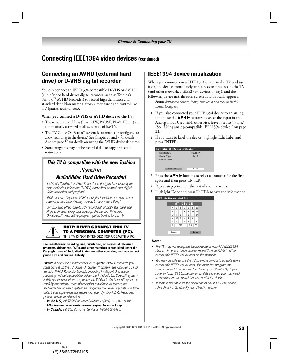 Connecting ieee1394 video devices, Ieee1394 device initialization, Continued) | Chapter 2: connecting your tv | Toshiba 72HM195 User Manual | Page 23 / 112