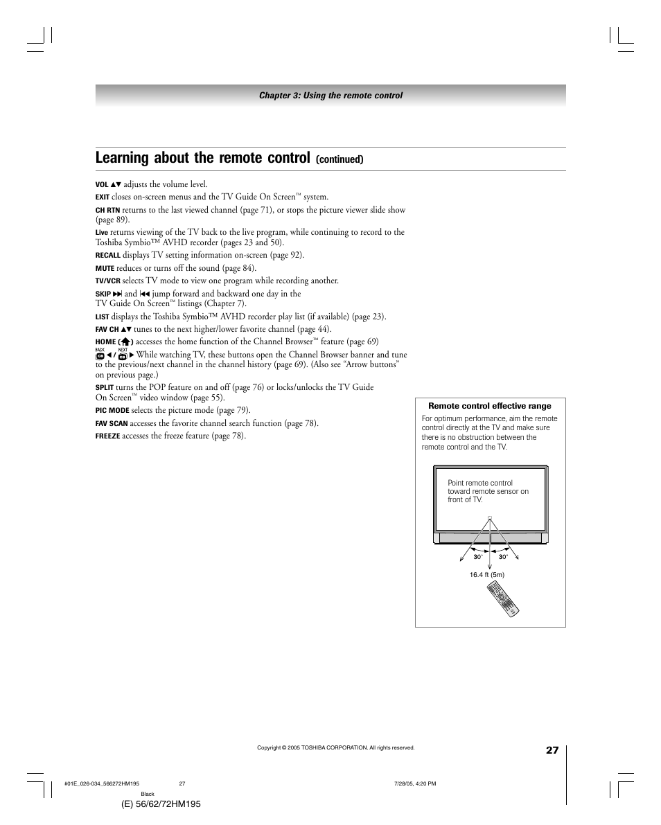 Learning about the remote control, Continued) | Toshiba 72HM195 User Manual | Page 27 / 112