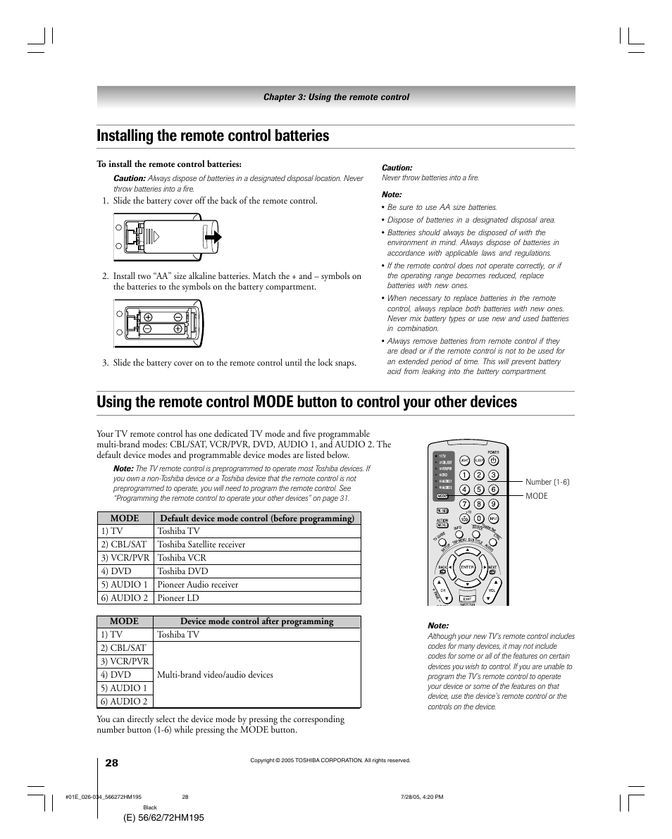 Installing the remote control batteries | Toshiba 72HM195 User Manual | Page 28 / 112