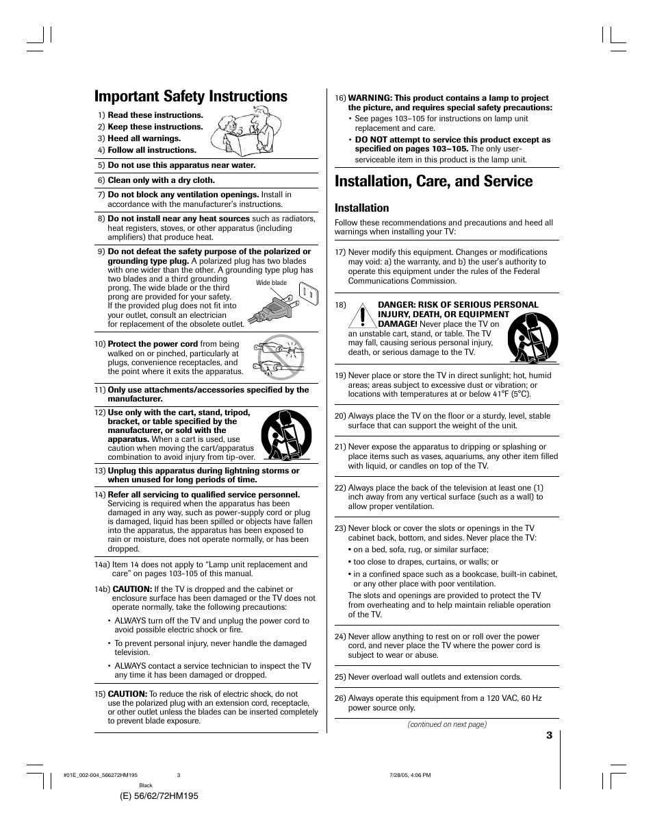 Installation, care, and service, Important safety instructions, Installation | Toshiba 72HM195 User Manual | Page 3 / 112