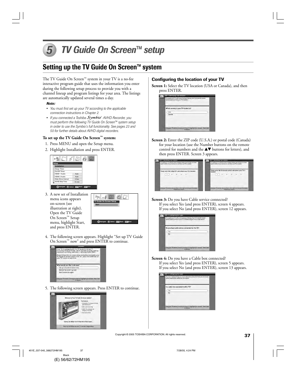 Tv guide on screen™ setup, Setting up the tv guide on screen™ system, Configuring the location of your tv | Toshiba 72HM195 User Manual | Page 37 / 112