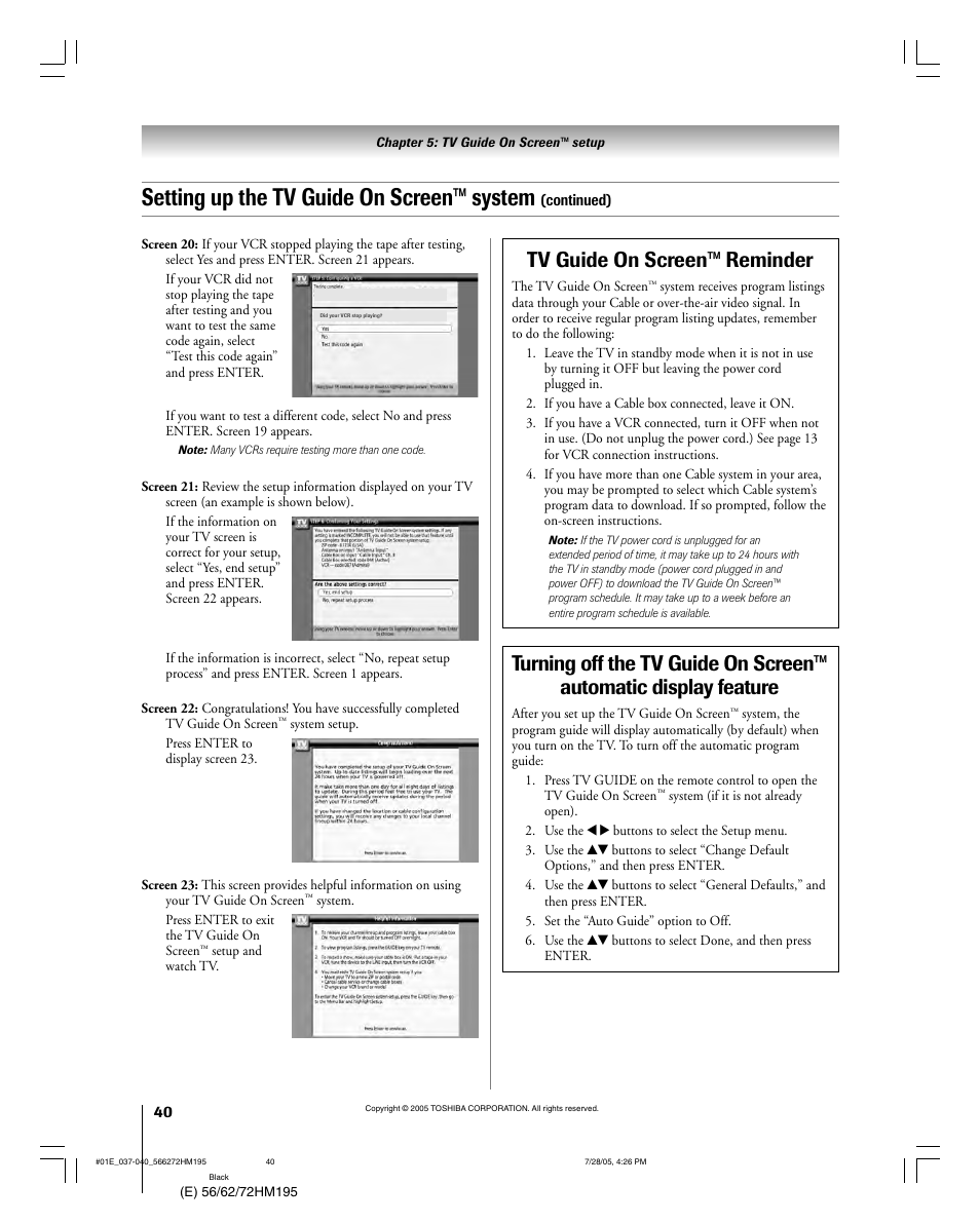 Setting up the tv guide on screen™ system, Tv guide on screen™ reminder | Toshiba 72HM195 User Manual | Page 40 / 112