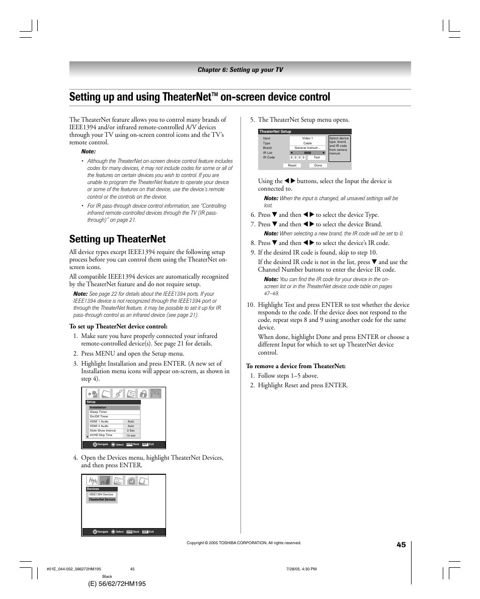 Setting up theaternet, The theaternet setup menu opens | Toshiba 72HM195 User Manual | Page 45 / 112