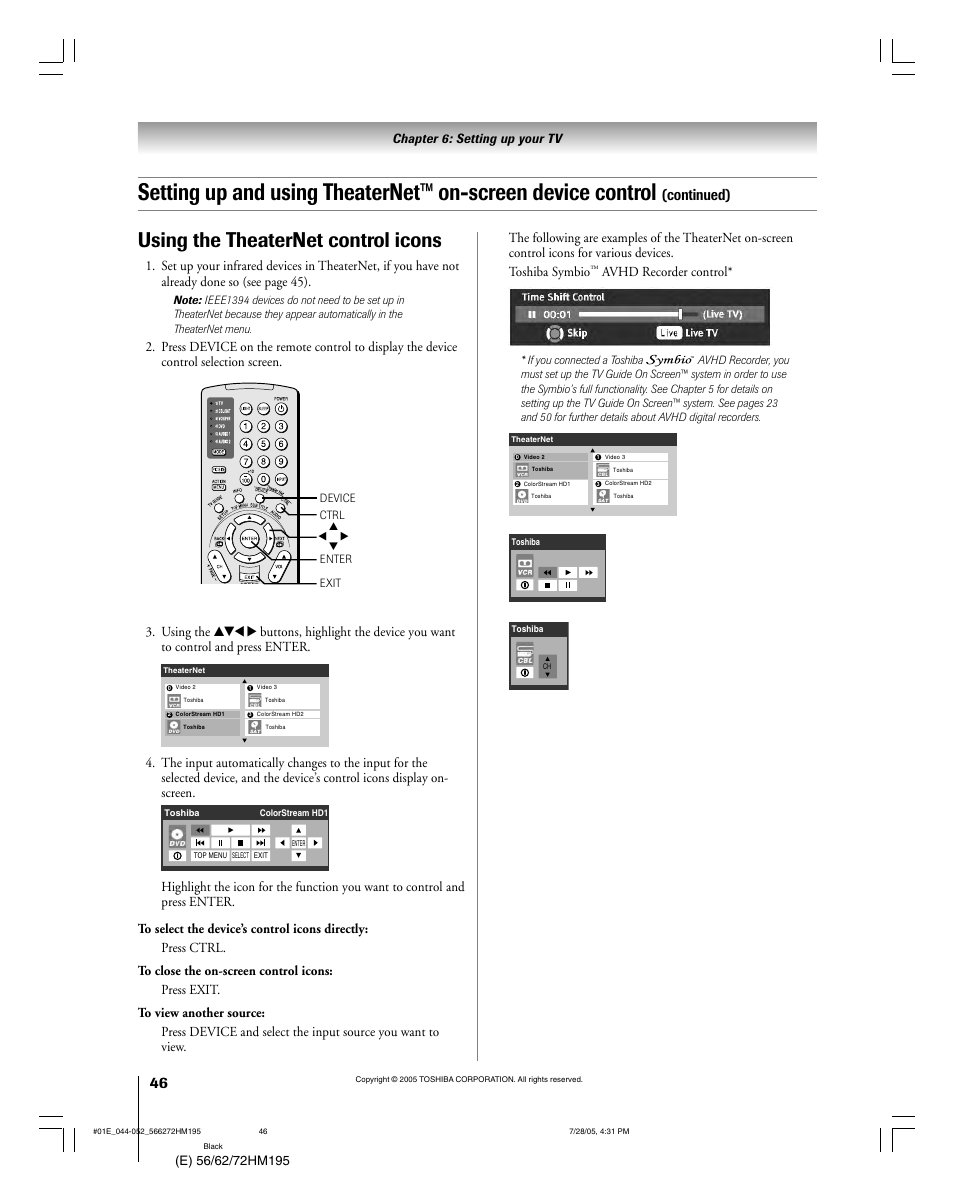 Using the theaternet control icons, Continued), Avhd recorder control | Toshiba 72HM195 User Manual | Page 46 / 112