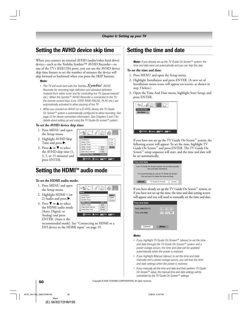 Setting the avhd device skip time, Setting the hdmi™ audio mode, Setting the time and date | If you have not set up the tv guide on screen, And press enter. the tv guide on screen, If you have already set up the tv guide on screen | Toshiba 72HM195 User Manual | Page 50 / 112