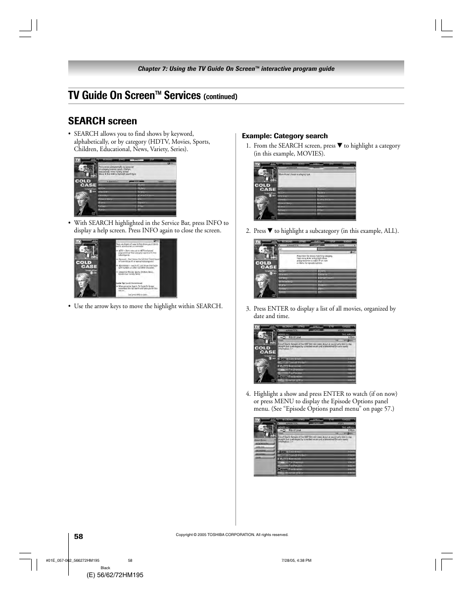 Tv guide on screen™ services, Search screen | Toshiba 72HM195 User Manual | Page 58 / 112