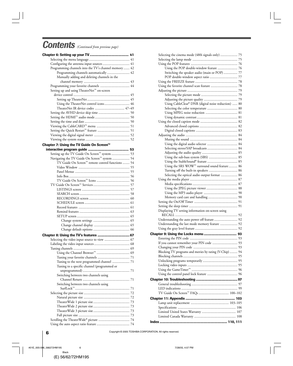 Toshiba 72HM195 User Manual | Page 6 / 112