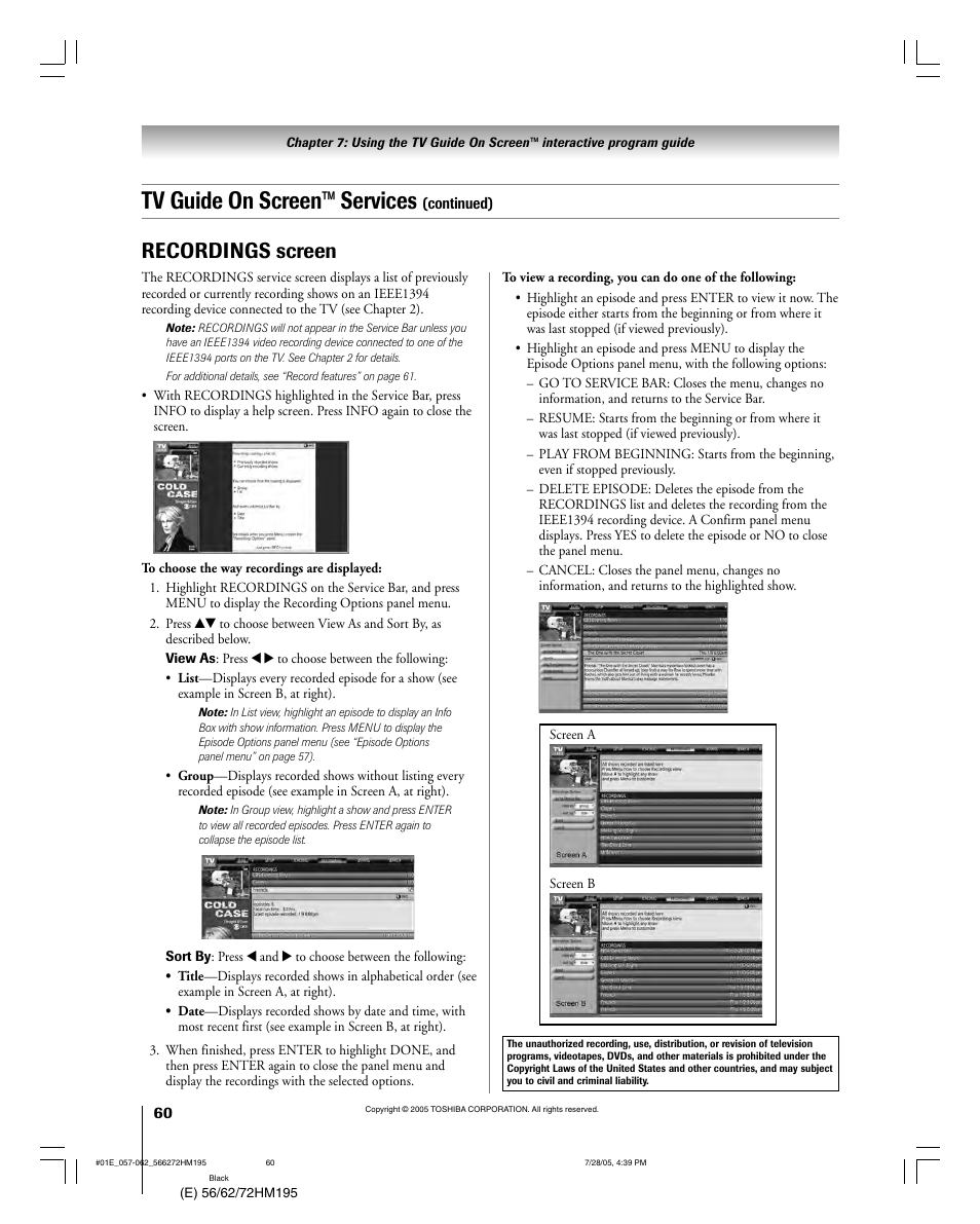 Tv guide on screen™ services, Recordings screen | Toshiba 72HM195 User Manual | Page 60 / 112