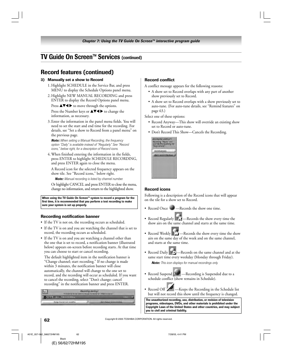 Tv guide on screen™ services, Record features (continued) | Toshiba 72HM195 User Manual | Page 62 / 112