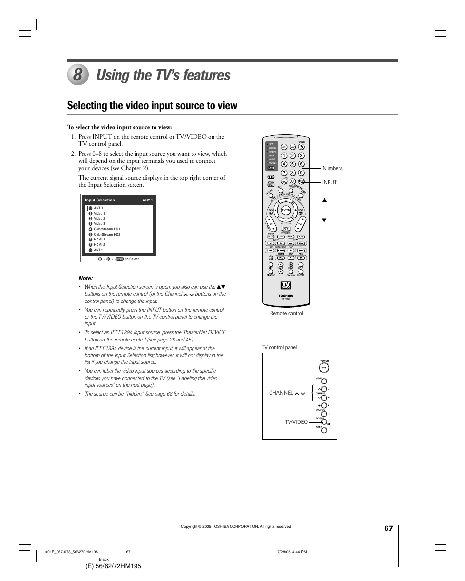 Using the tv’s features, Selecting the video input source to view | Toshiba 72HM195 User Manual | Page 67 / 112