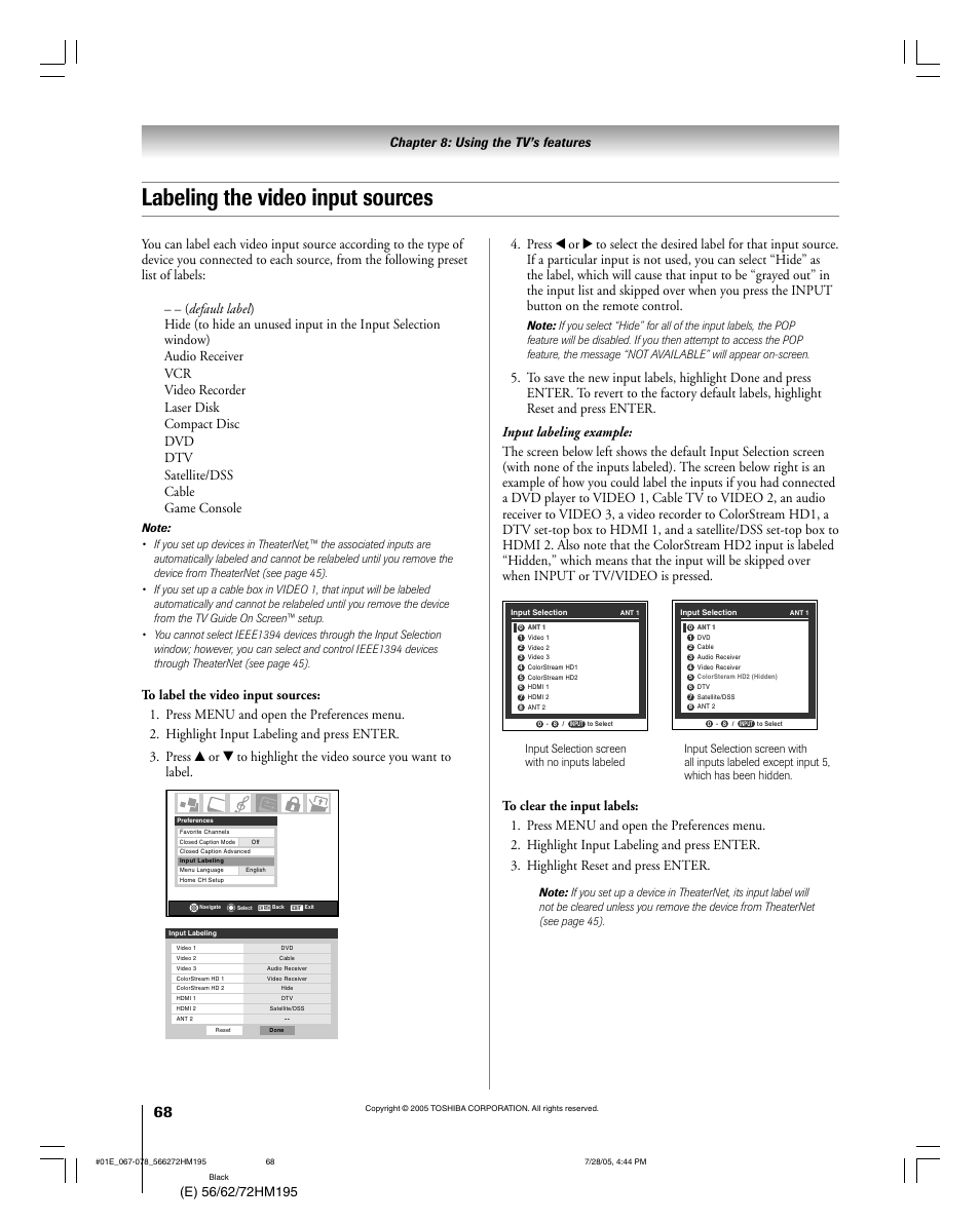 Labeling the video input sources | Toshiba 72HM195 User Manual | Page 68 / 112